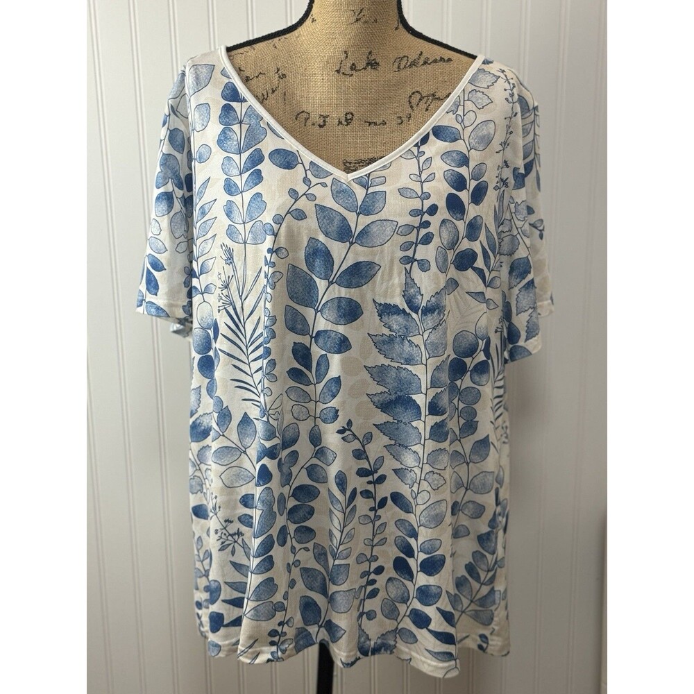 Sakurafina Women’s Blouse 2Xl Vneck Leaf Blue White